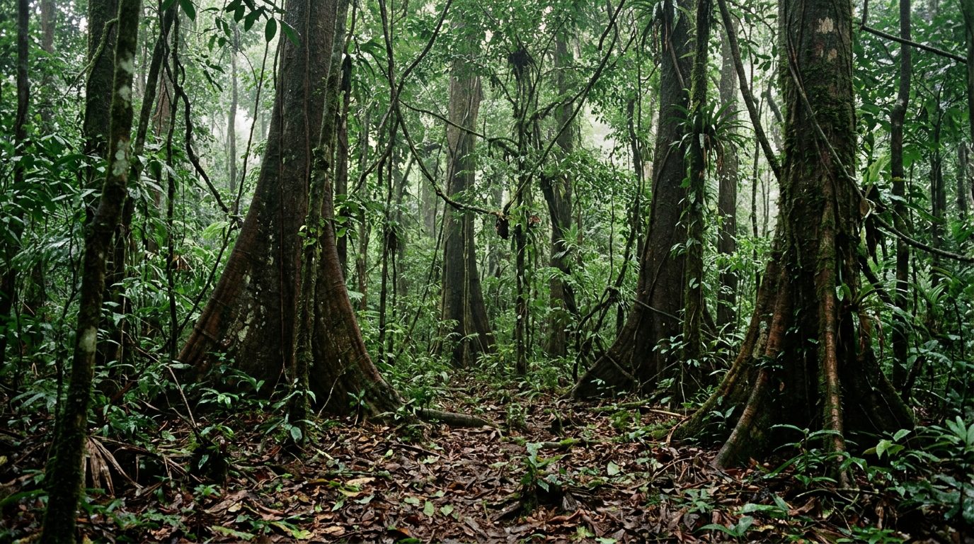 Lowland rainforest in mist: buttressed trunks rising into a closed canopy, hanging vines and epiphytes, wet leaf litter across the floor