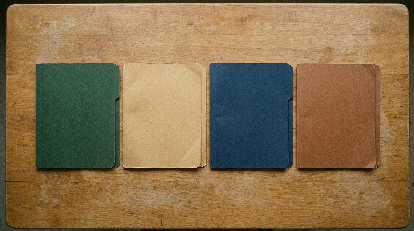 A plain wooden table photographed from directly above, with four closed unmarked card folders laid side by side and nothing else