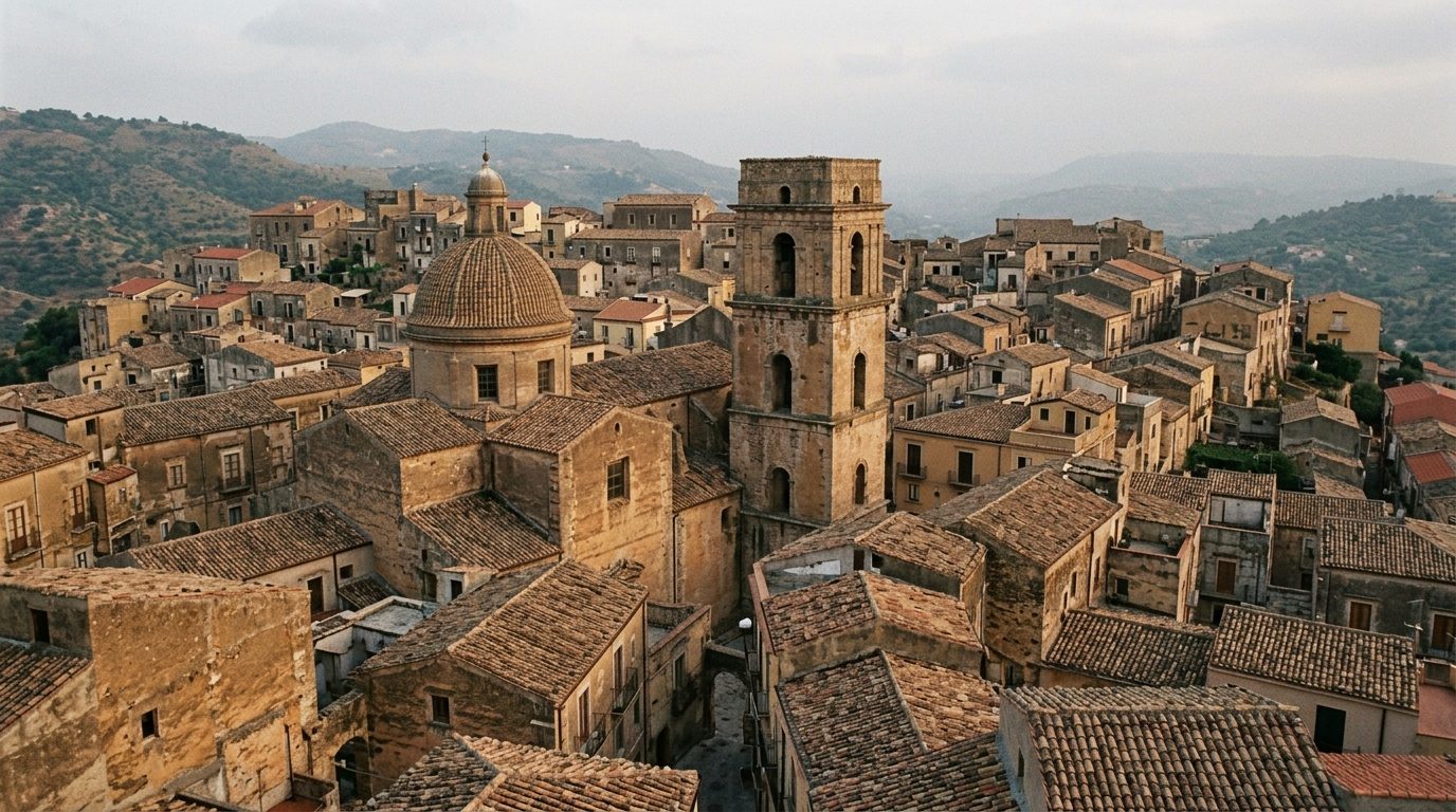 A dense field of warm terracotta rooftops and ochre walls in late light, with a masonry dome and a bell tower standing above them and hills beyond