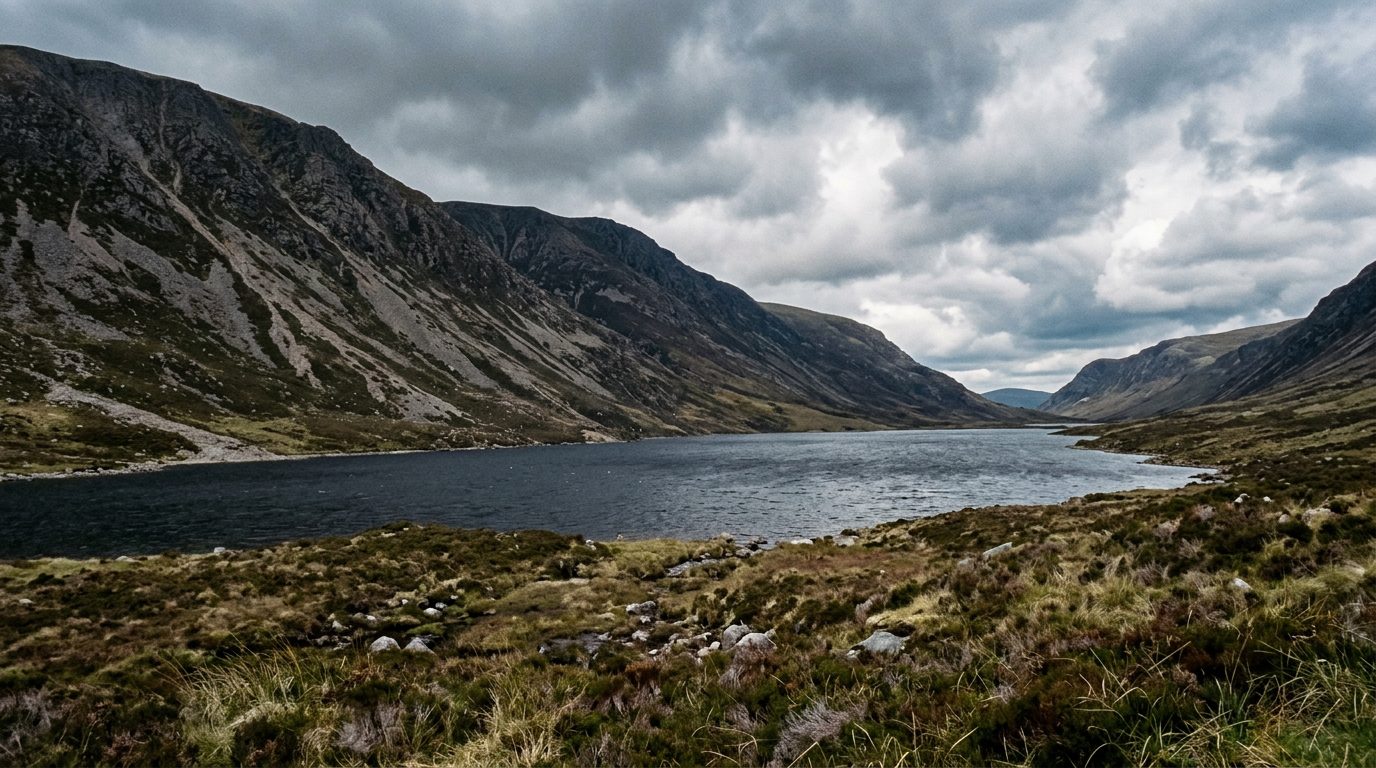 A dark loch lying in a bare glen under heavy moving cloud, steep scree streaked slopes rising straight from the water