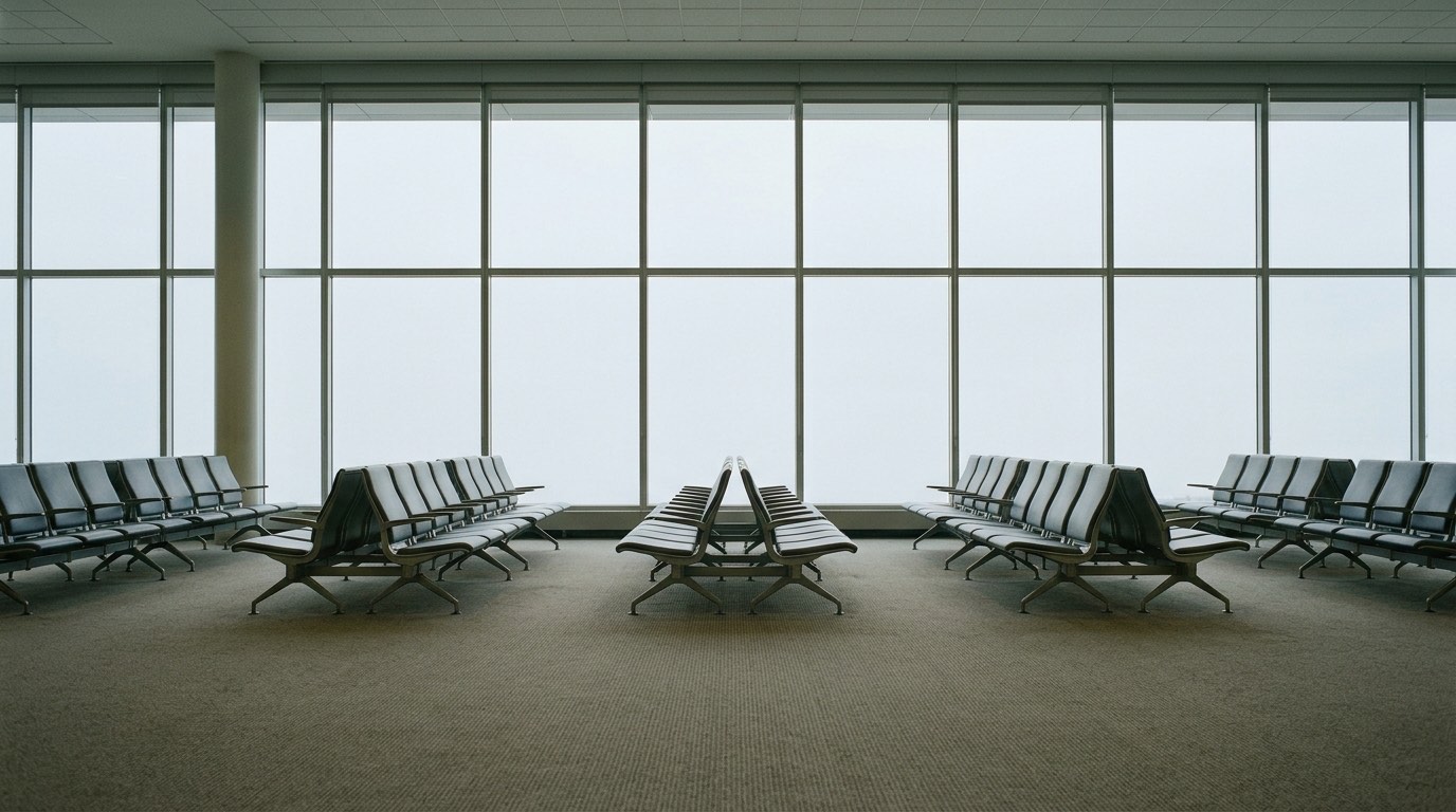 An empty airport gate lounge photographed square on in flat daylight: rows of plain seats, a plain floor and glass along one side with only sky beyond