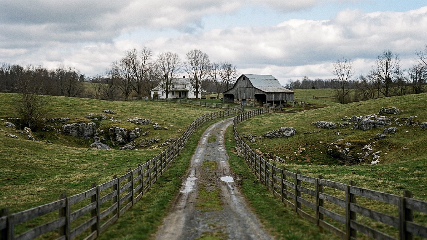 A gray limestone ledge rising through a green spring pasture with a wire fence along the top
