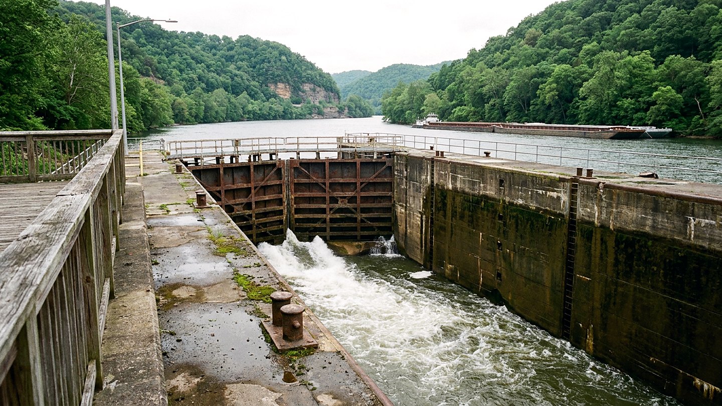 Concrete lock chamber and dam gates on a wide green river seen from a raised platform on a humid May morning