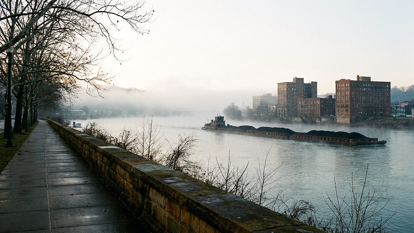 Steam rising off a wide gray river at dawn beside a bare paved walkway and a low stone wall