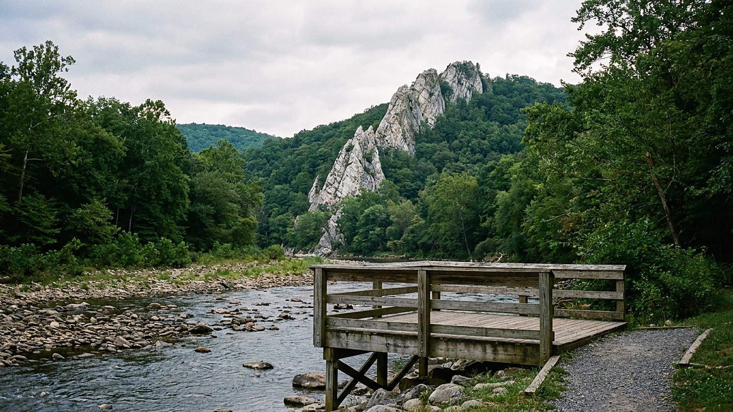 A tall gray quartzite fin standing above a green valley with a shallow river running past pastureland below